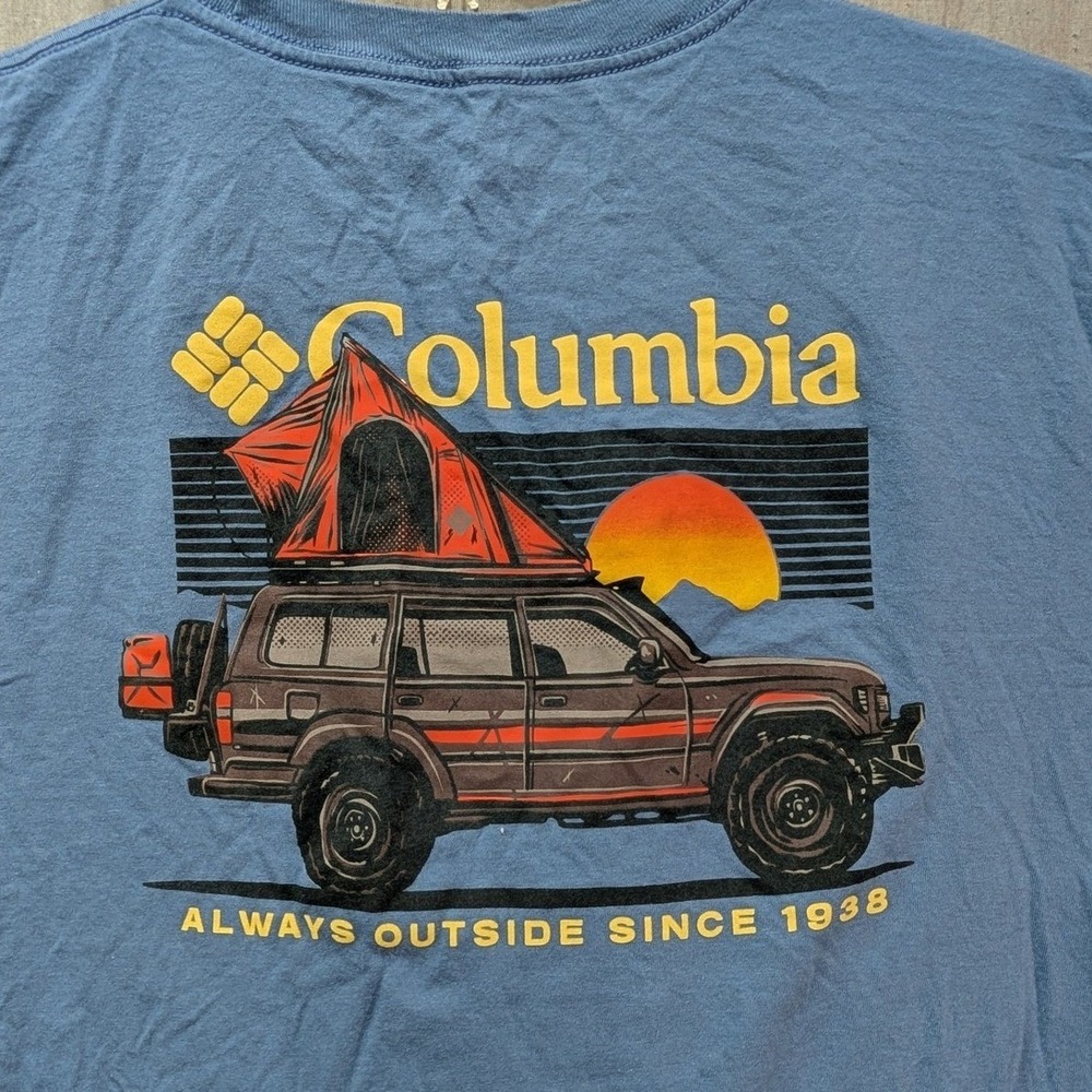 Columbia Mens Blue Graphic T-Shirt SUV Overlanding Rooftop Tent Large L Cotton